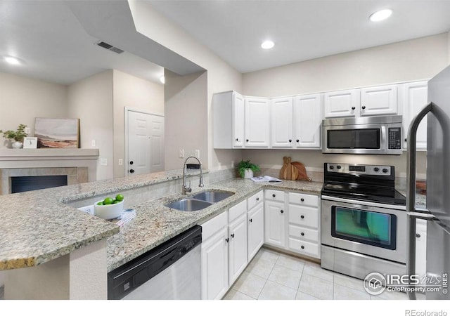 kitchen with white cabinetry, appliances with stainless steel finishes, sink, and kitchen peninsula