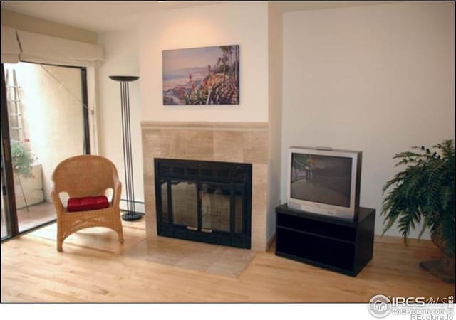 living area with hardwood / wood-style flooring, a baseboard heating unit, and a fireplace