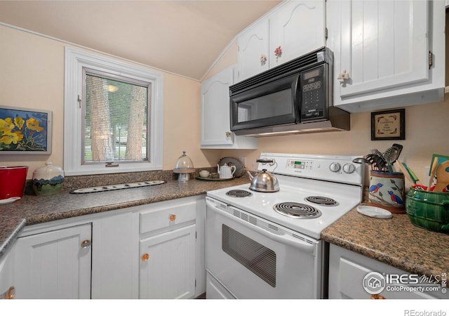 kitchen featuring white electric stove, vaulted ceiling, and white cabinets