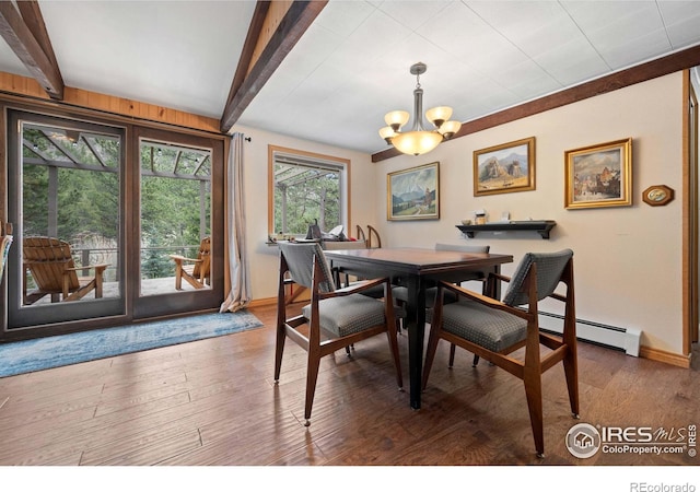 dining area featuring beamed ceiling, hardwood / wood-style flooring, a chandelier, and baseboard heating