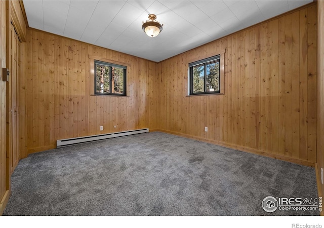 empty room with carpet floors and baseboard heating