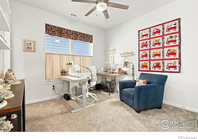 interior space featuring carpet and ceiling fan