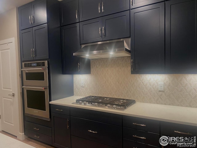 kitchen featuring backsplash, ventilation hood, and stainless steel appliances