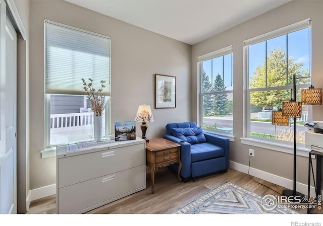 living area with plenty of natural light and light hardwood / wood-style floors