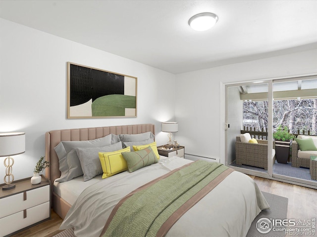 bedroom with access to exterior, a baseboard radiator, and light hardwood / wood-style floors