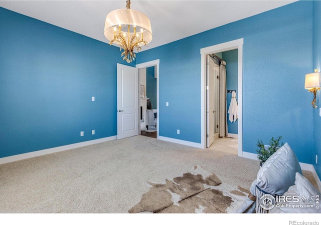 unfurnished bedroom featuring light carpet and a notable chandelier