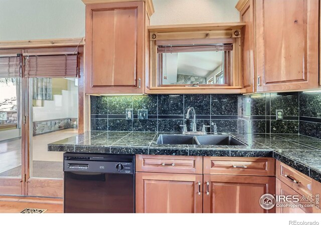 kitchen with tasteful backsplash, black dishwasher, and sink