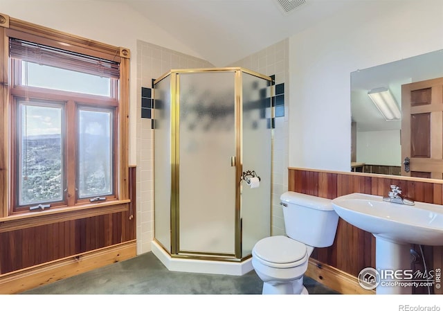 bathroom featuring toilet, lofted ceiling, and walk in shower