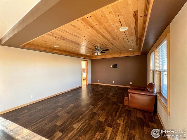 unfurnished living room with ceiling fan, dark hardwood / wood-style floors, and wooden ceiling