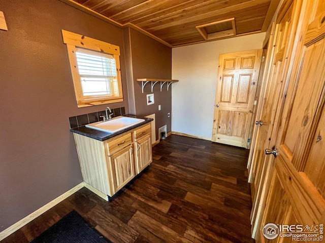 kitchen with wood ceiling, dark hardwood / wood-style flooring, and sink