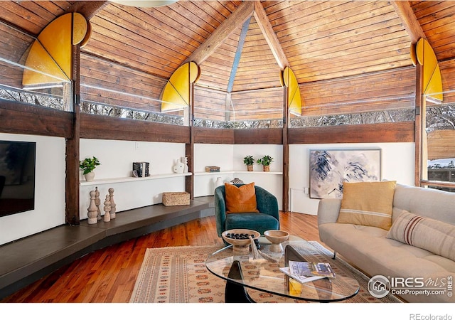 living room featuring wood-type flooring, wooden ceiling, and vaulted ceiling