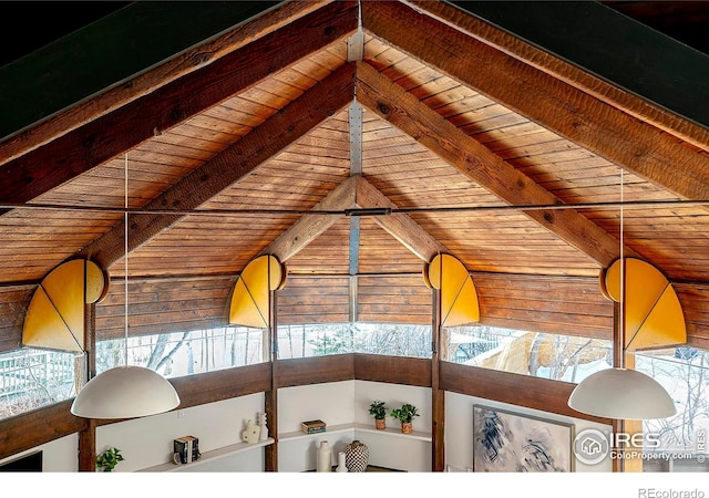 details featuring beam ceiling and wood ceiling