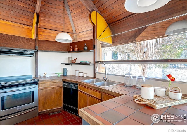 kitchen featuring stainless steel electric range oven, tile countertops, ventilation hood, black dishwasher, and sink