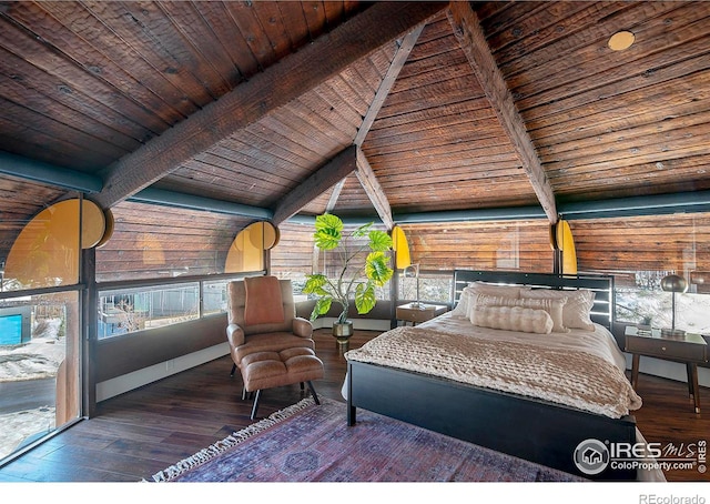 unfurnished bedroom featuring dark wood-type flooring, wooden ceiling, and beam ceiling