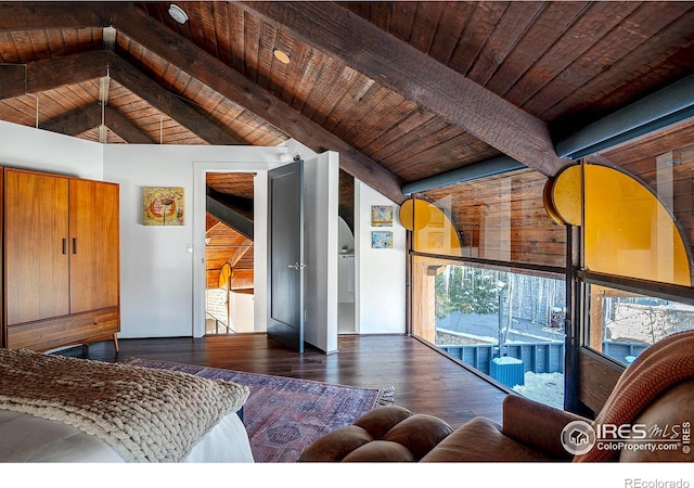 living room with vaulted ceiling with beams, wooden ceiling, and dark hardwood / wood-style floors