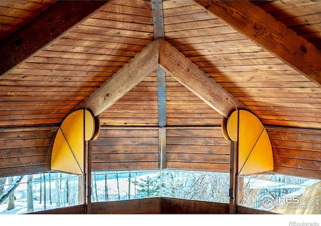 interior space with beamed ceiling and wooden ceiling