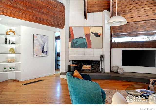 living room with light hardwood / wood-style flooring, a fireplace, and plenty of natural light