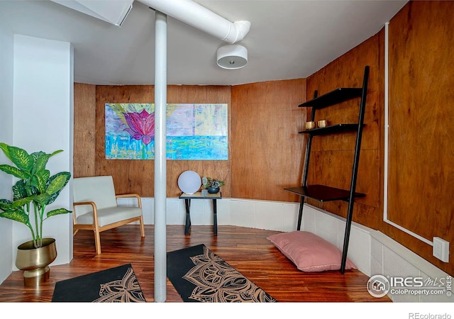 interior space with dark wood-type flooring and wood walls