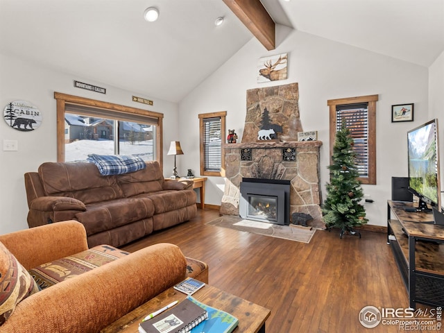 living room featuring beamed ceiling, a fireplace, dark hardwood / wood-style flooring, and high vaulted ceiling