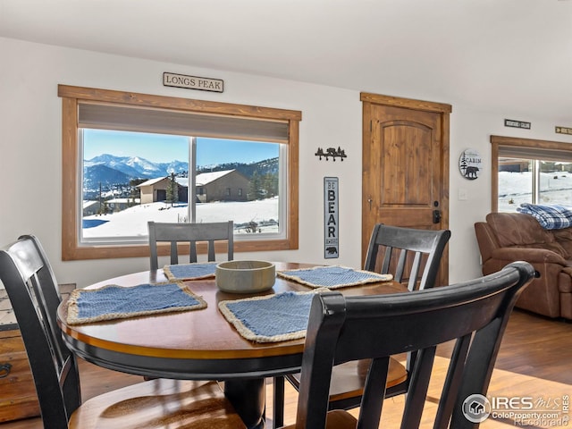 dining room featuring a mountain view and light hardwood / wood-style flooring