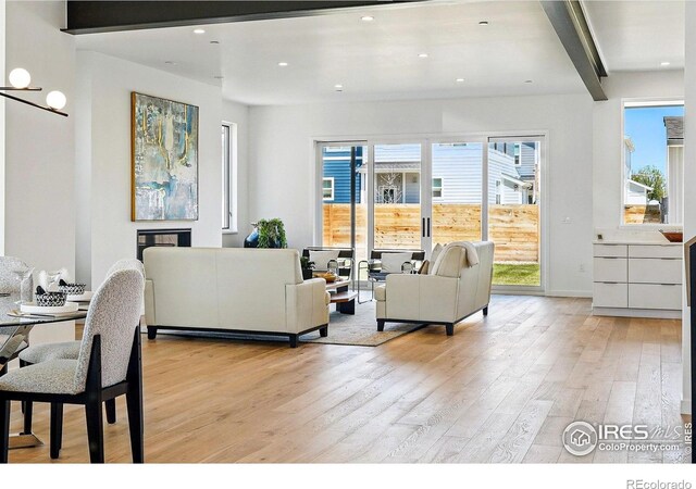 2125 Vine Ave, Boulder, CO 80304 - living room featuring light wood-type flooring, beam ceiling, and recessed lighting