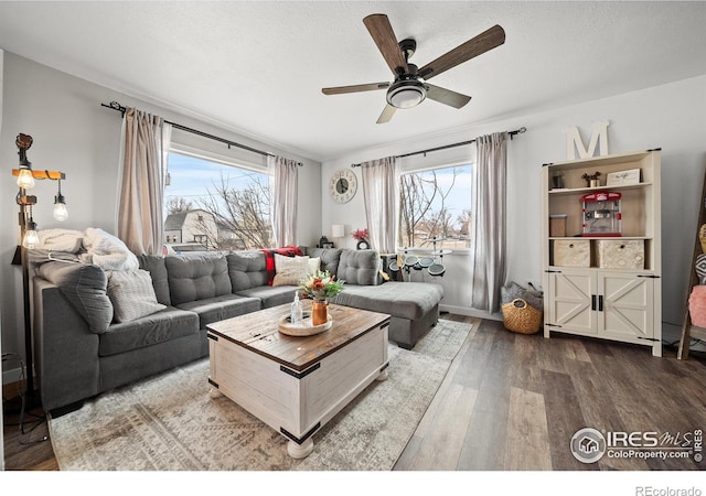 living room with ceiling fan, hardwood / wood-style flooring, a wealth of natural light, and a textured ceiling