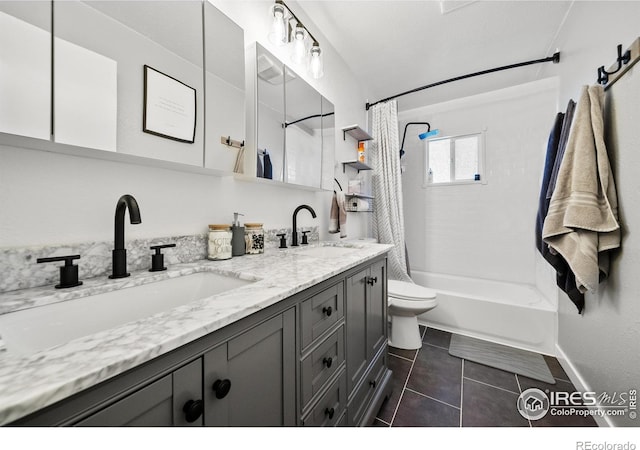 full bathroom featuring tile patterned flooring, shower / tub combo, vanity, and toilet