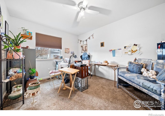 carpeted office featuring ceiling fan