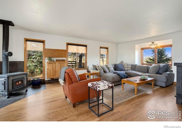 living room featuring hardwood / wood-style floors and a wood stove