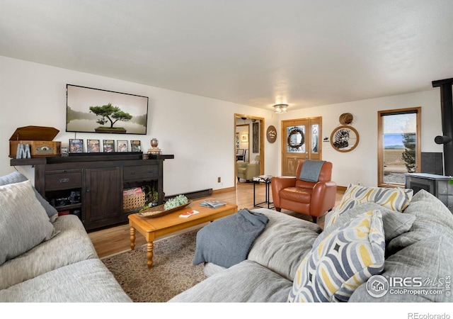 living room with a wood stove and light hardwood / wood-style flooring