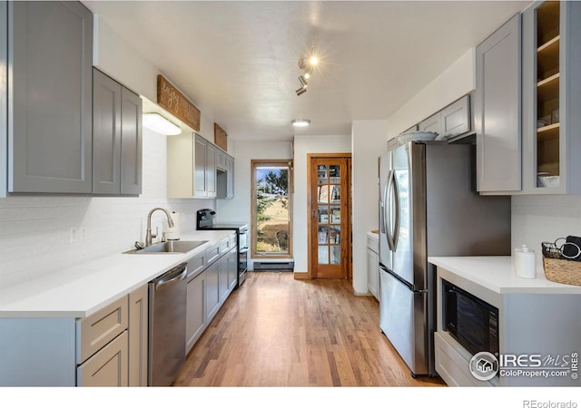 kitchen with sink, gray cabinets, stainless steel appliances, light hardwood / wood-style floors, and decorative backsplash