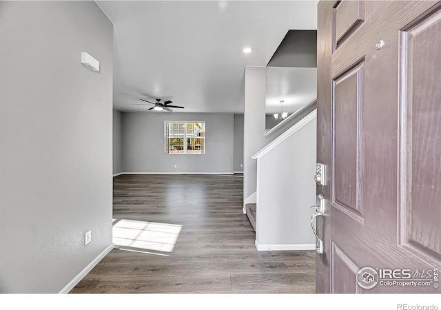 foyer with hardwood / wood-style floors and ceiling fan