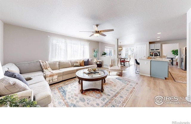 living room featuring ceiling fan, light hardwood / wood-style flooring, sink, and a textured ceiling