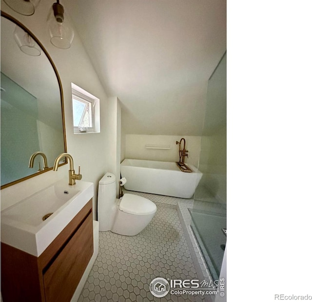 full bathroom with lofted ceiling, tile patterned flooring, vanity, plus walk in shower, and toilet