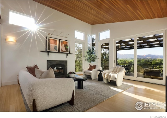 living room with a mountain view, wooden ceiling, high vaulted ceiling, and light hardwood / wood-style flooring