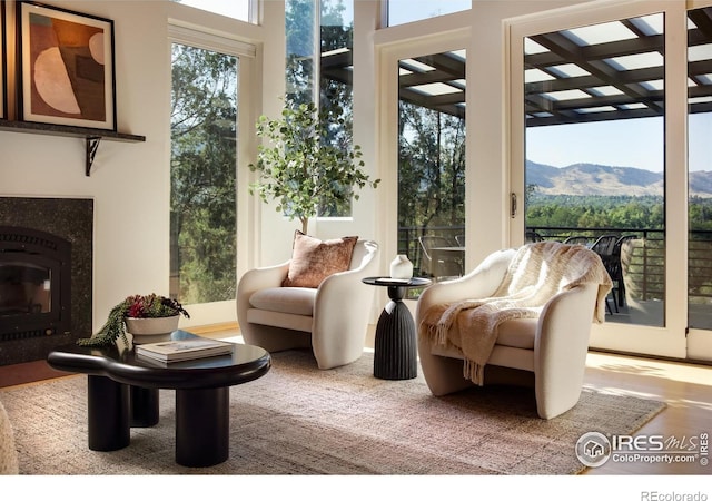 sunroom with a mountain view