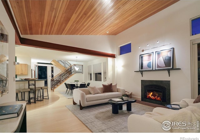 living room featuring high vaulted ceiling, wood ceiling, and light hardwood / wood-style floors