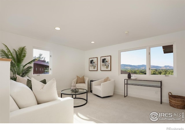 carpeted living room featuring a mountain view