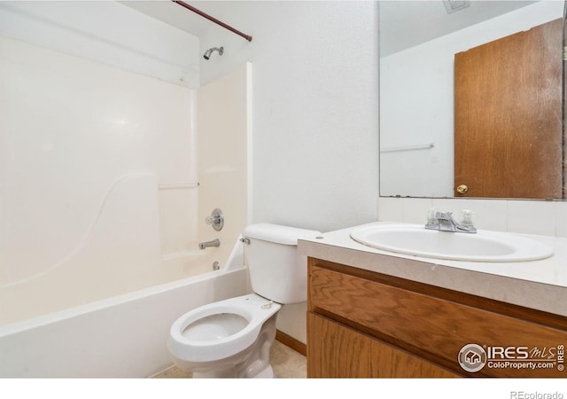 full bathroom with shower / bathtub combination, vanity, and toilet