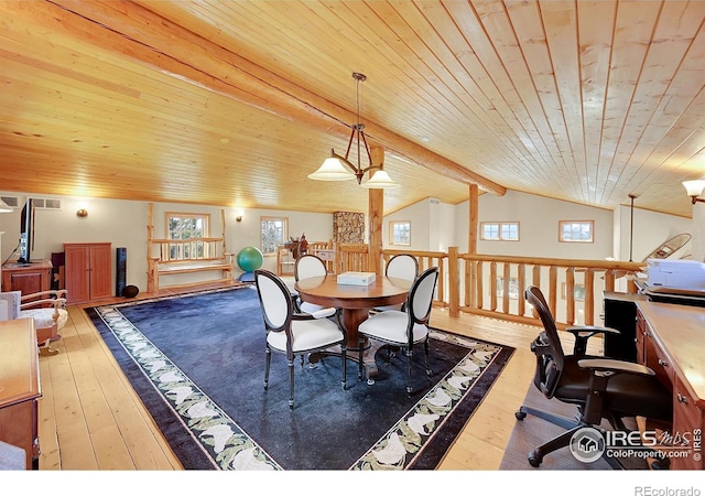 dining space featuring hardwood / wood-style flooring, vaulted ceiling with beams, and wooden ceiling