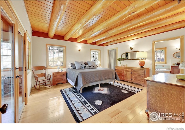 bedroom featuring beam ceiling, wood ceiling, and light wood-type flooring