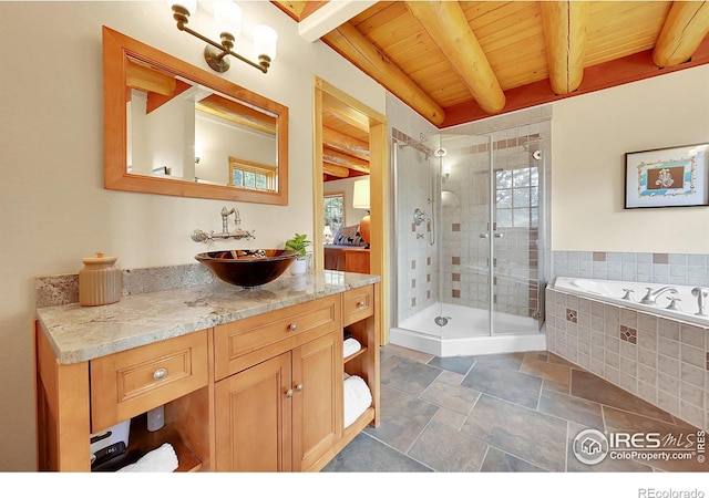 bathroom with vanity, beam ceiling, separate shower and tub, and wooden ceiling