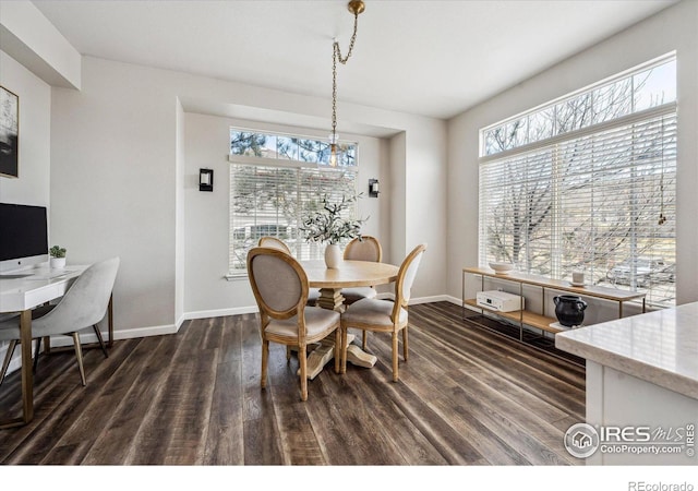 dining space featuring a healthy amount of sunlight and dark wood-type flooring