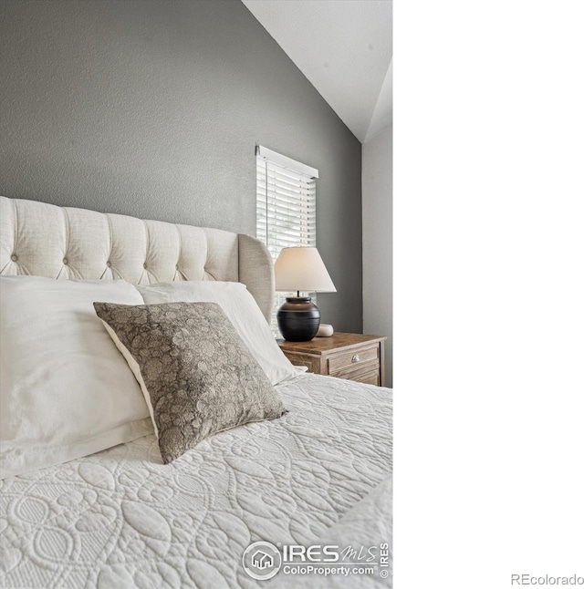 bedroom with lofted ceiling