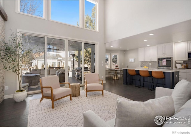 living room featuring hardwood / wood-style floors, sink, and a high ceiling