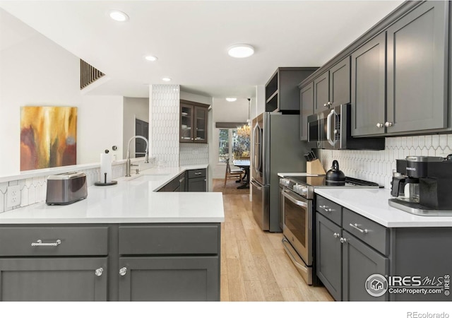 kitchen featuring sink, gray cabinetry, kitchen peninsula, stainless steel appliances, and decorative backsplash