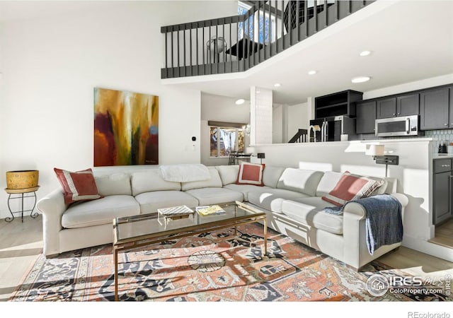 living room with a high ceiling