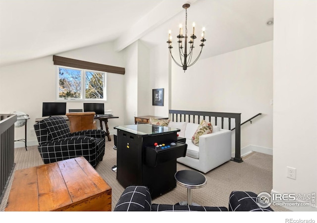 living room with a notable chandelier, light colored carpet, and lofted ceiling with beams