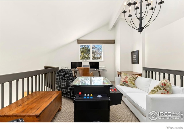 bedroom featuring vaulted ceiling with beams and light colored carpet