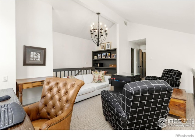 living room featuring lofted ceiling with beams and a chandelier